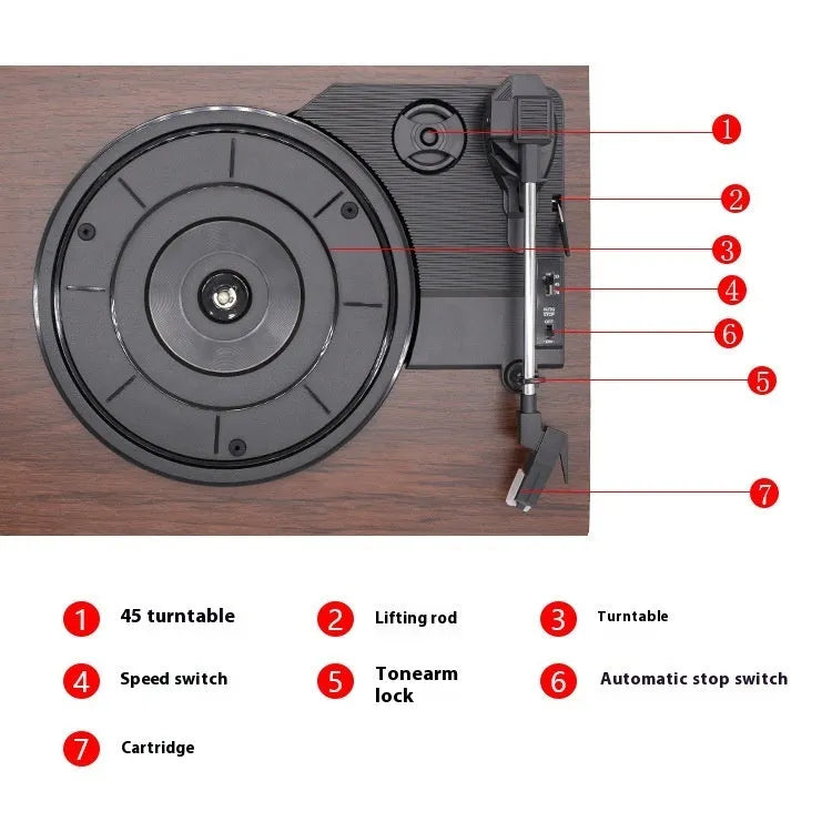 Record player phonograph with compact design, 300x250x100mm, for vinyl playback requiring external amplifier
