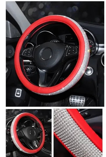 Rhinestone non-slip leather steering wheel cover for general motors 38cm diameter black with gold ring option