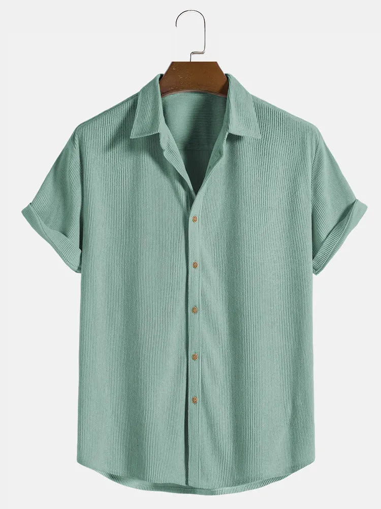 Man wearing a casual short-sleeved polyester cardigan-style shirt in a GKESJ colour.