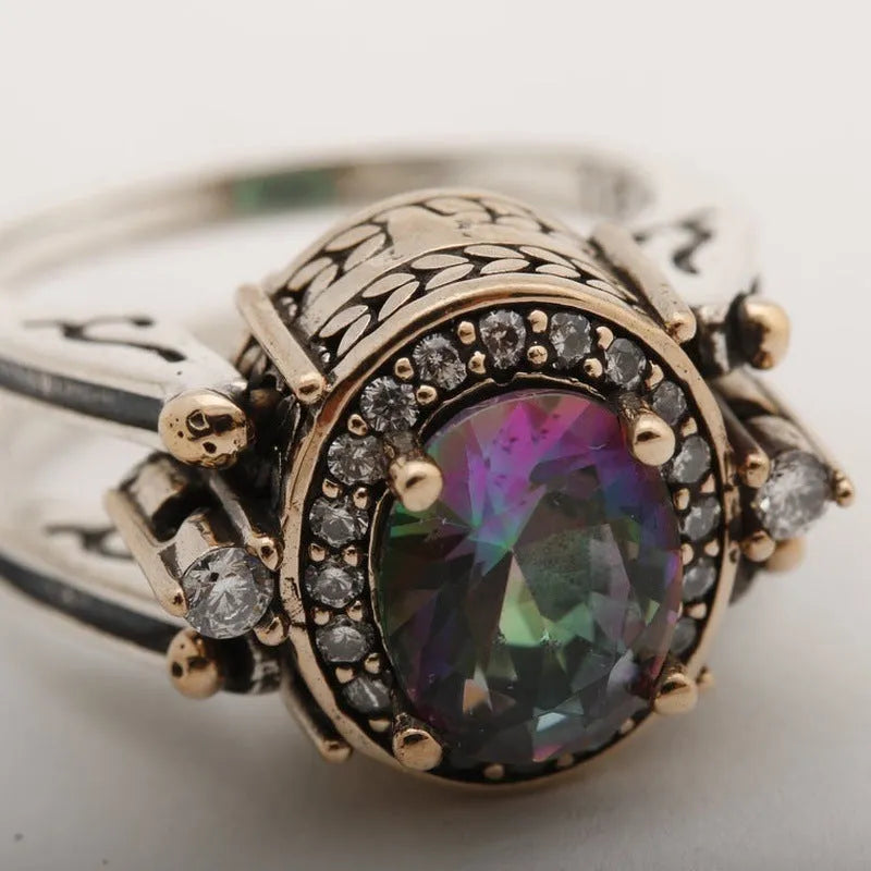 925 Silver Bi-color geometric alloy ring in white finish on white background