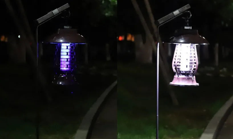 Black solar powered mosquito lamp with solar panel and LED lights for outdoor insect control