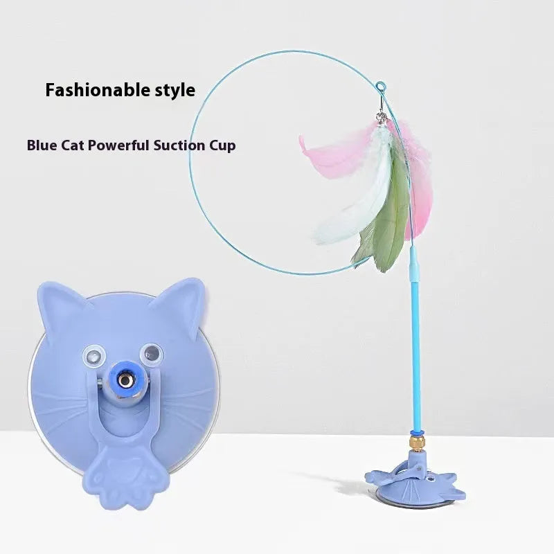 Cat teaser wand toy with suction cup holder and bell, shown in various colour and design options.