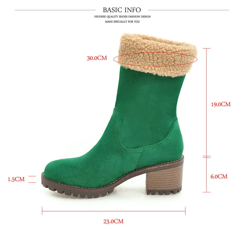 A pair of snow boots in black, grey, green, or orange with a rubber sole and plush lining.