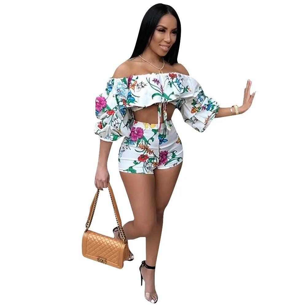 Multicolour digital print two-piece set with pile sleeves short top and matching shorts