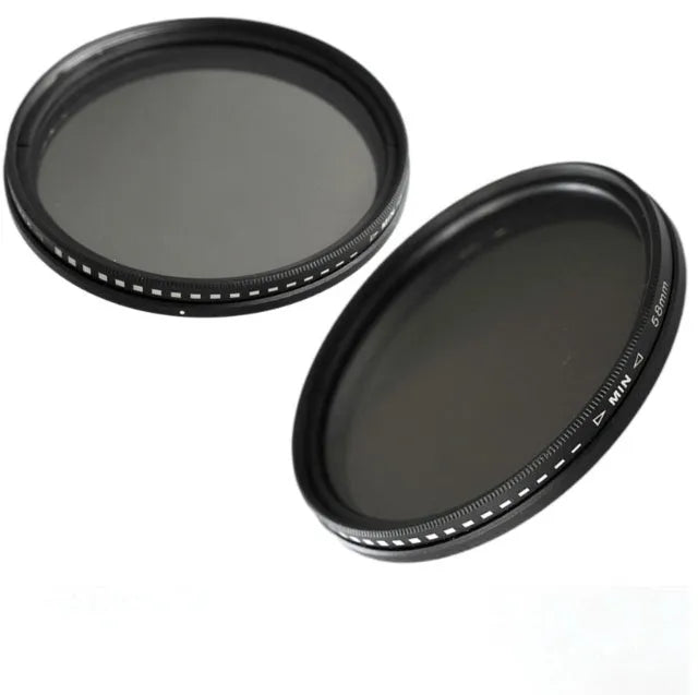 Adjustable camera ND filter with multiple thread diameters for light reduction and exposure control