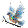 Acrylic bird pendant with UV-printed cartoon design, 15x15cm size, hanging against a light background