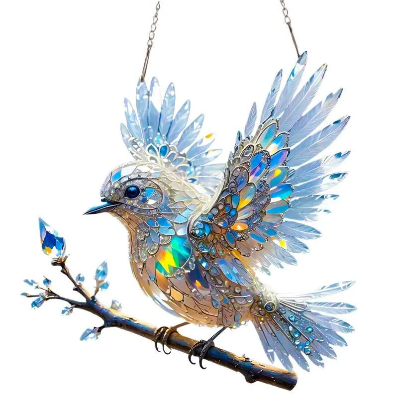 Cartoon-style bird pendant ornament made of acrylic with UV printing, shown in 15cm and 20cm sizes.