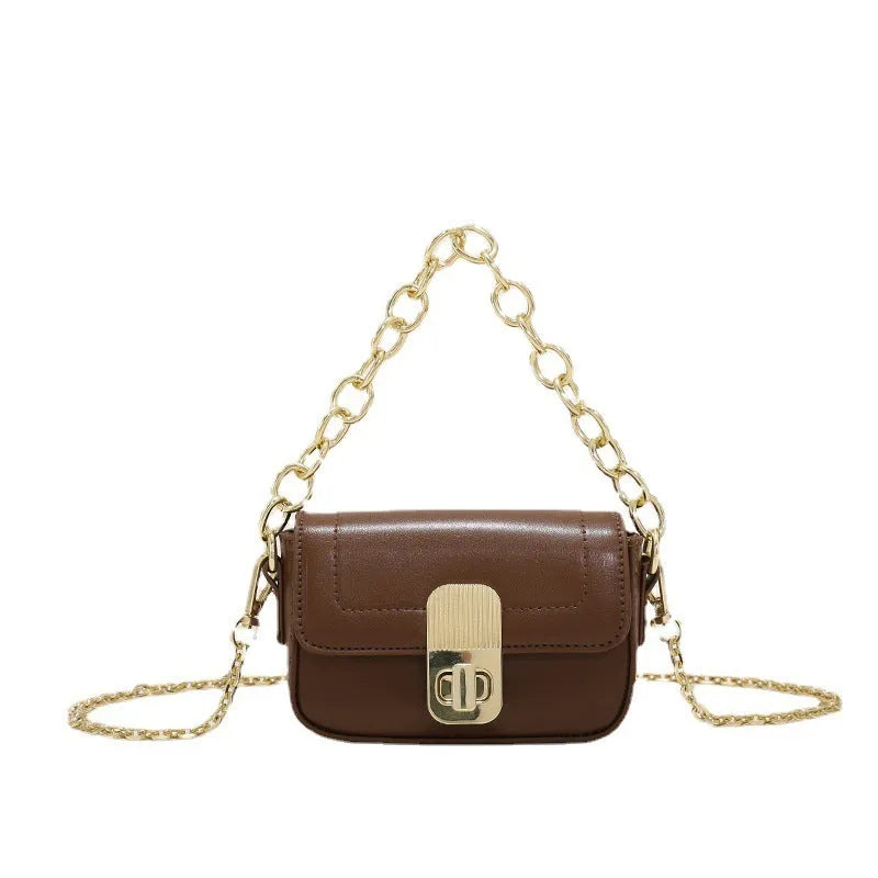Niche chain shoulder messenger phone bag in PU leather, horizontal square shape with lock, 15cm width, colour options