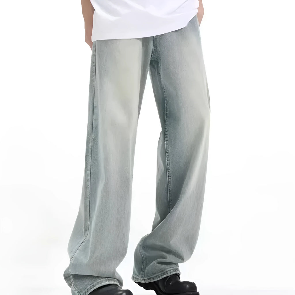 Blue retro casual trousers with elastic waistband and loose fit