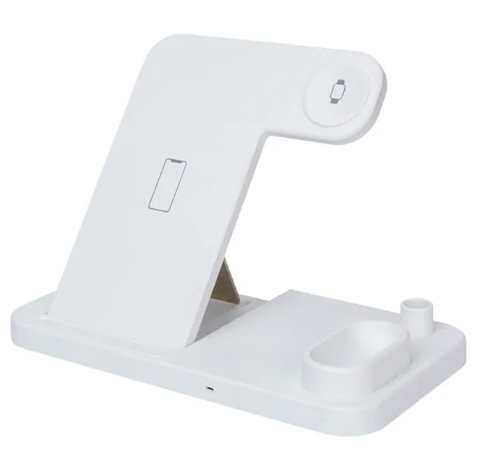 Black 4-in-1 wireless charging station with phone on adjustable stand, Apple Watch, and AirPods charging.