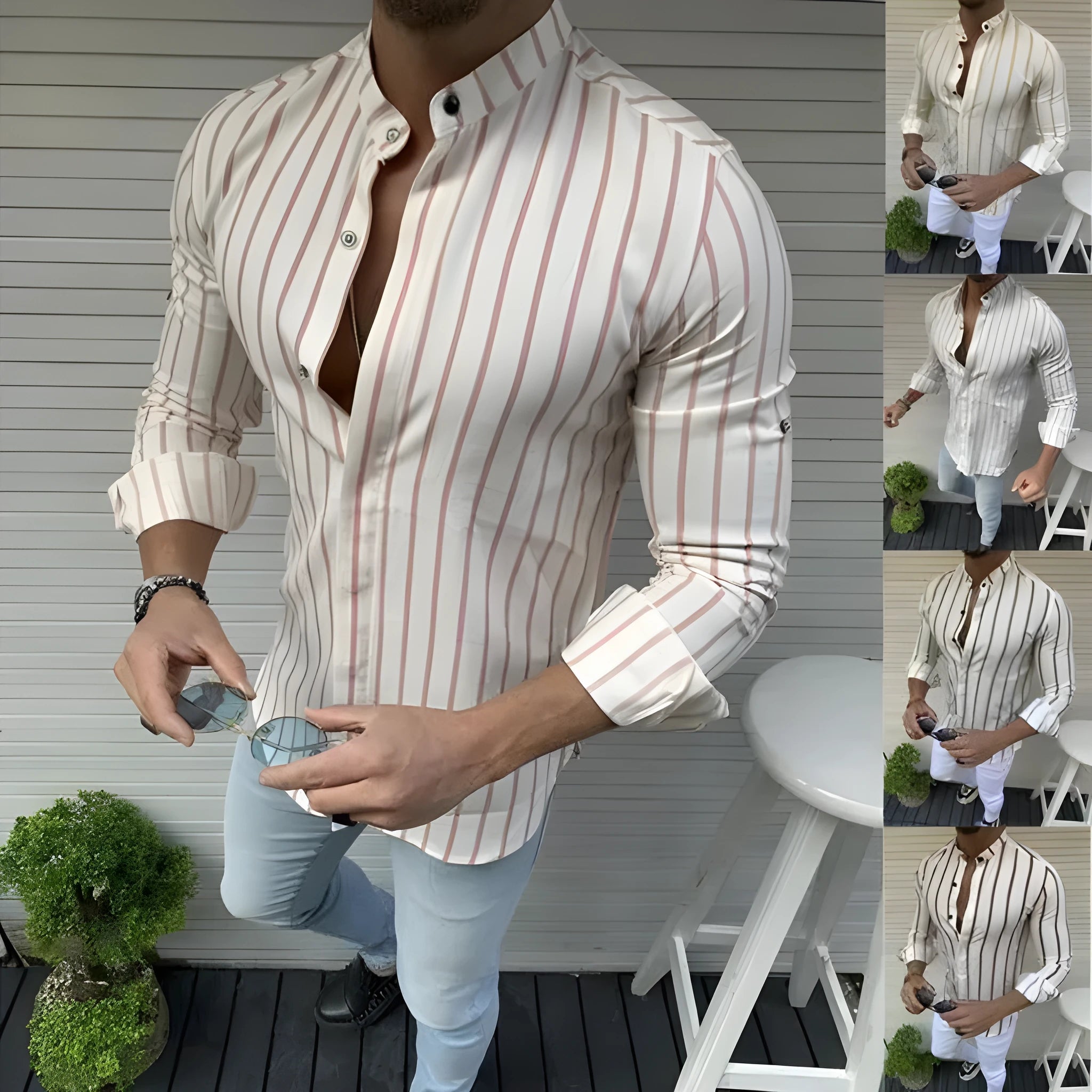 Men's striped wide lapel button cardigan long sleeve casual shirt in blue summer cotton polyester