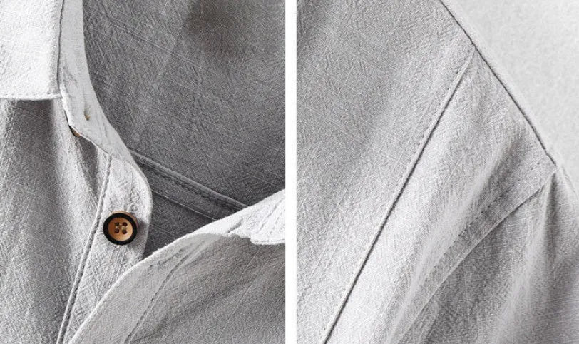 Men's loose fit linen shirt in a solid colour, shown in a light grey option.