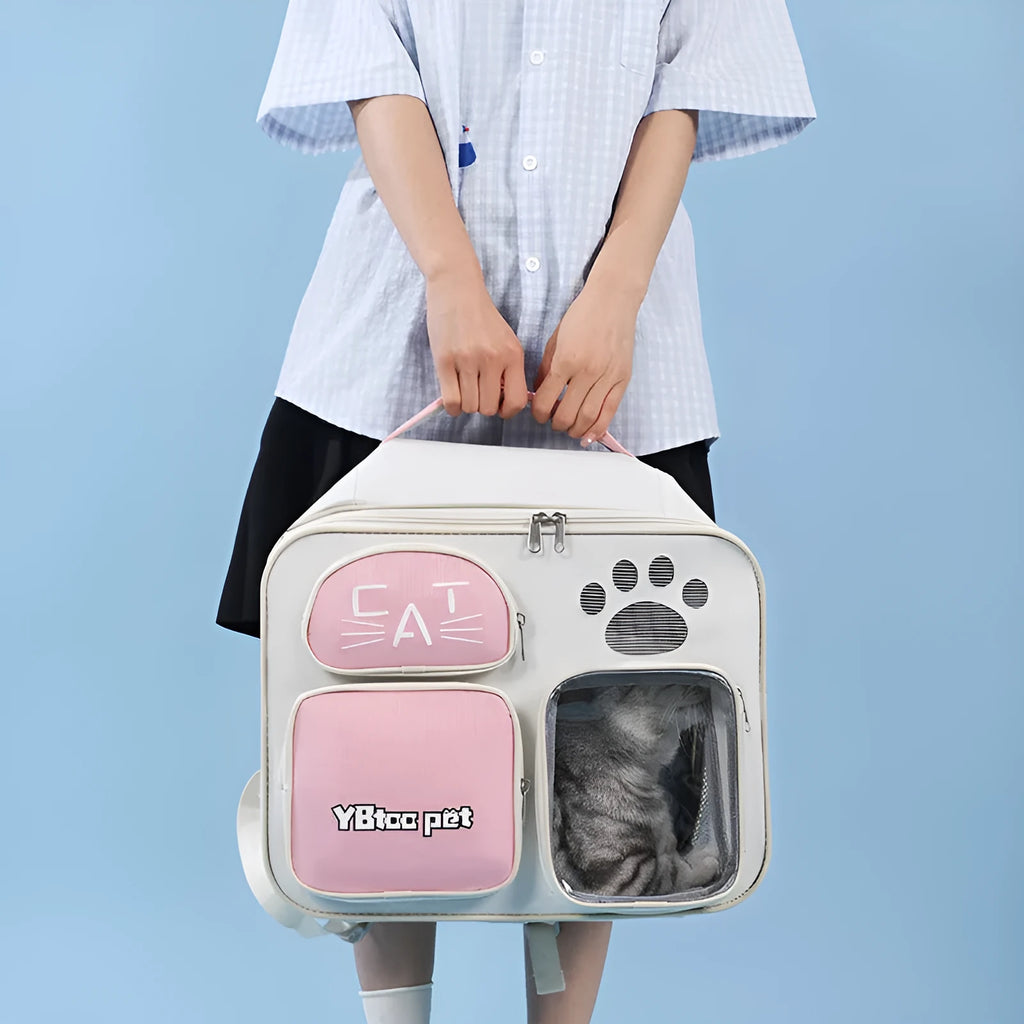 Portable cat and dog one shoulder messenger bag in blue nylon with cartoon pattern for outdoor use