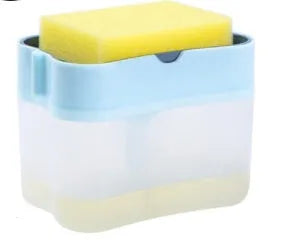 Plastic kitchen soap dispenser in silver colour on a countertop