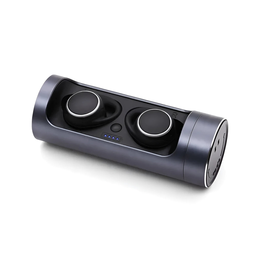 Single-ear Bluetooth 5.0 wireless headset with charging case, shown in dark grey, red, and silver colour options.