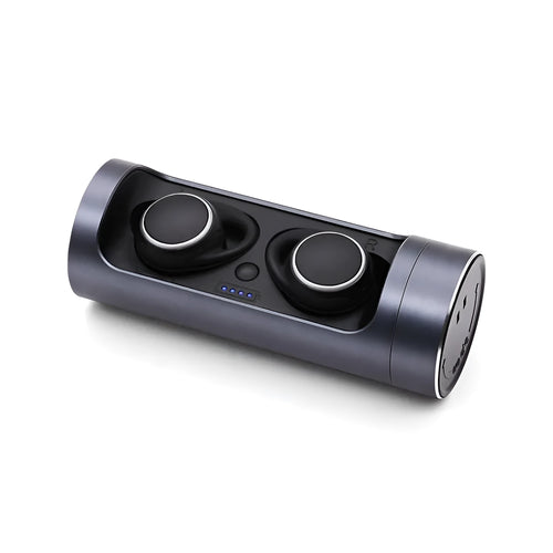 Single-ear Bluetooth 5.0 wireless headset with charging case, shown in dark grey, red, and silver colour options.