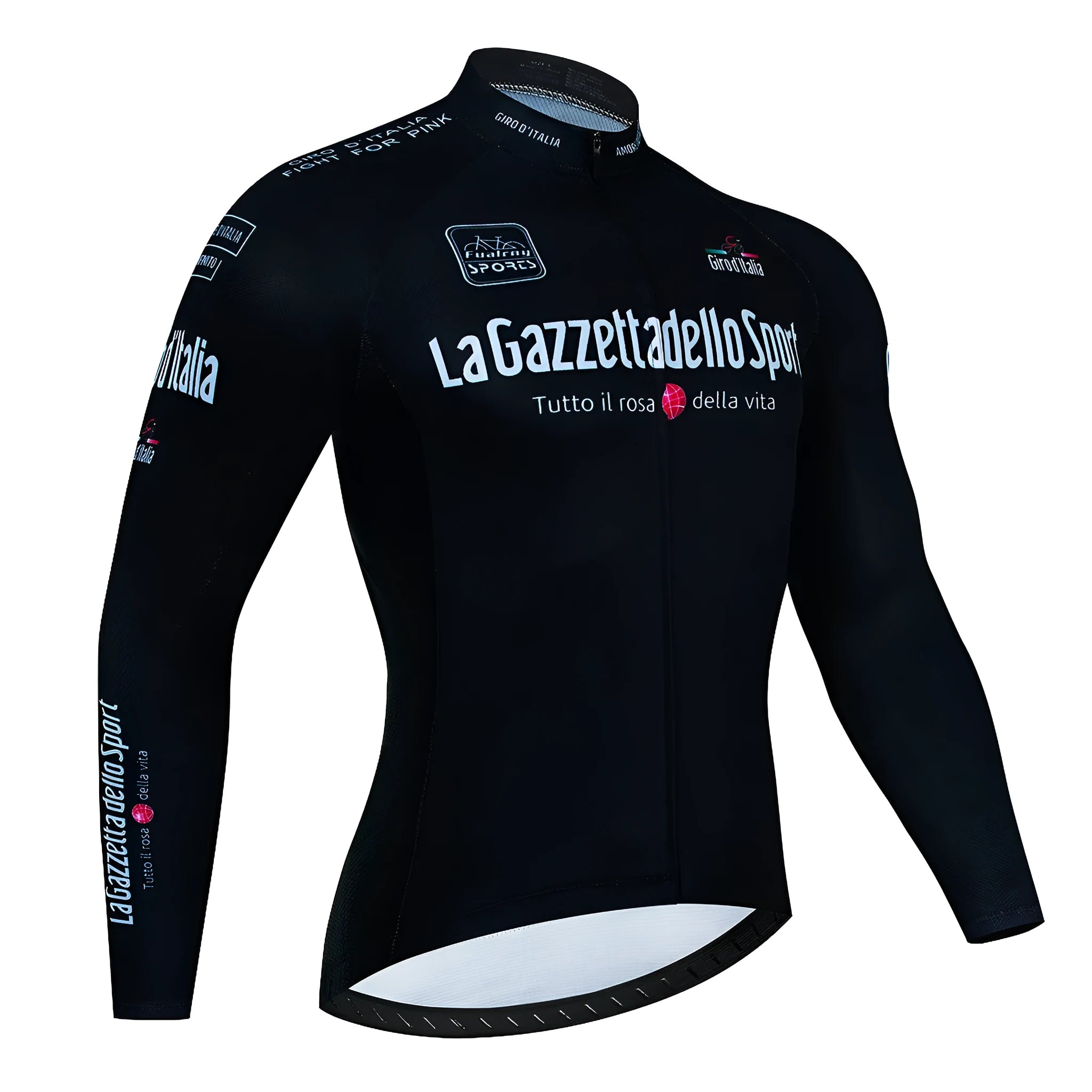 Men's long sleeve patterned cycling top for mountain biking on a mannequin.