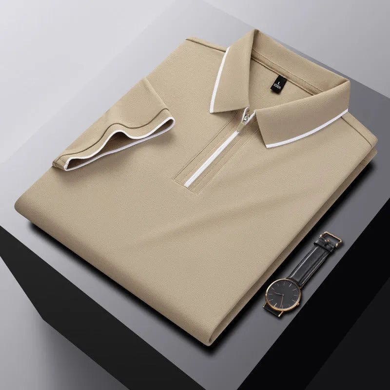 Men's solid colour polo shirt with a zipper front closure, shown in beige apricot.