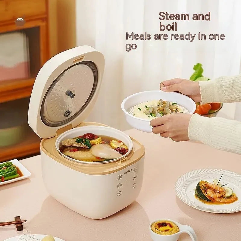 White intelligent multi-function rice cooker with 3L capacity and included accessories