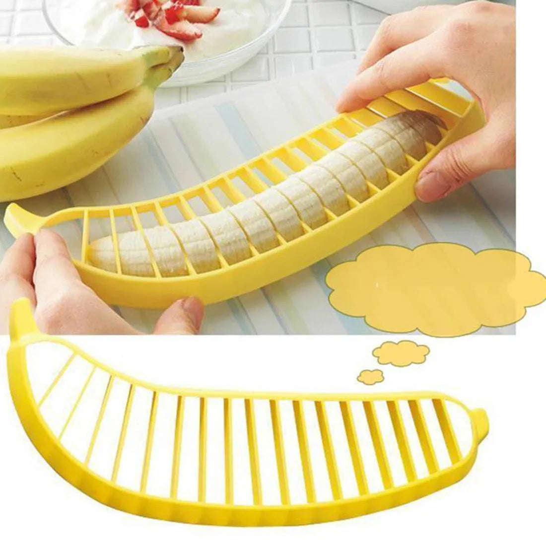 Yellow food grade PP banana slicer measuring approx 25 x 7 x 1.4 cm