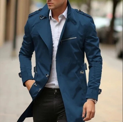 Men's lapel collar casual jacket in army green, showing side seam pockets and autumn styling.