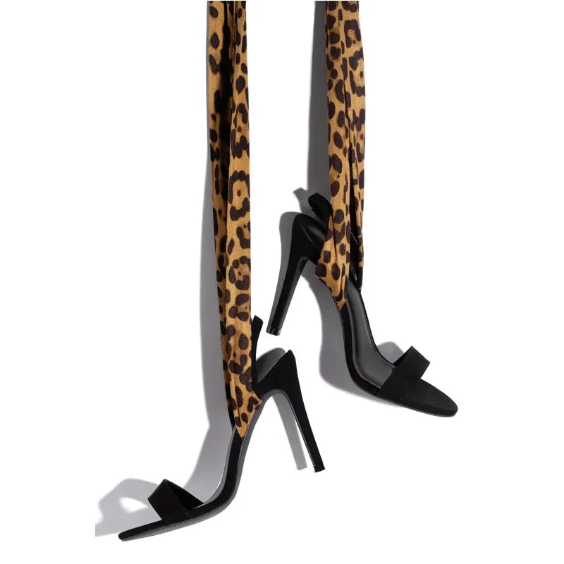 Light brown leopard print women's high heels with Roman cross straps and super high thin heels