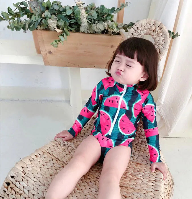 Cool watermelon children's swimwear set with long sleeves and fruit print for girls ages 3-8