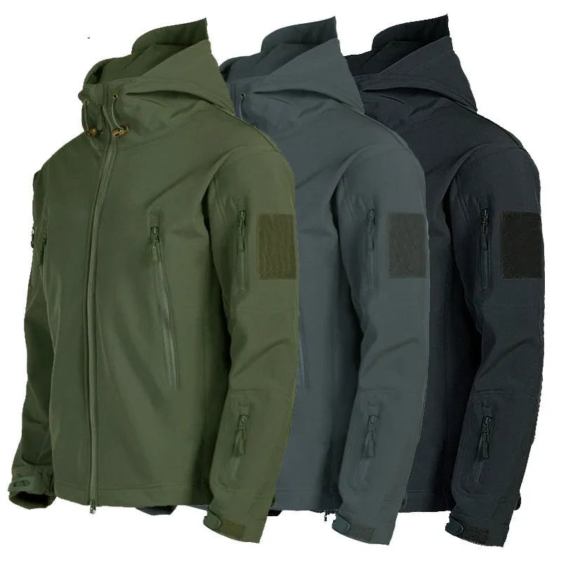 Men's windproof hooded soft shell jacket in polyester fibre, available in black, green, grey, and khaki sizes S to 4XL