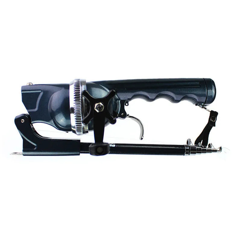 Foldable black fishing rod collapsed to 26.5cm showing built-in reel and epoxy resin construction