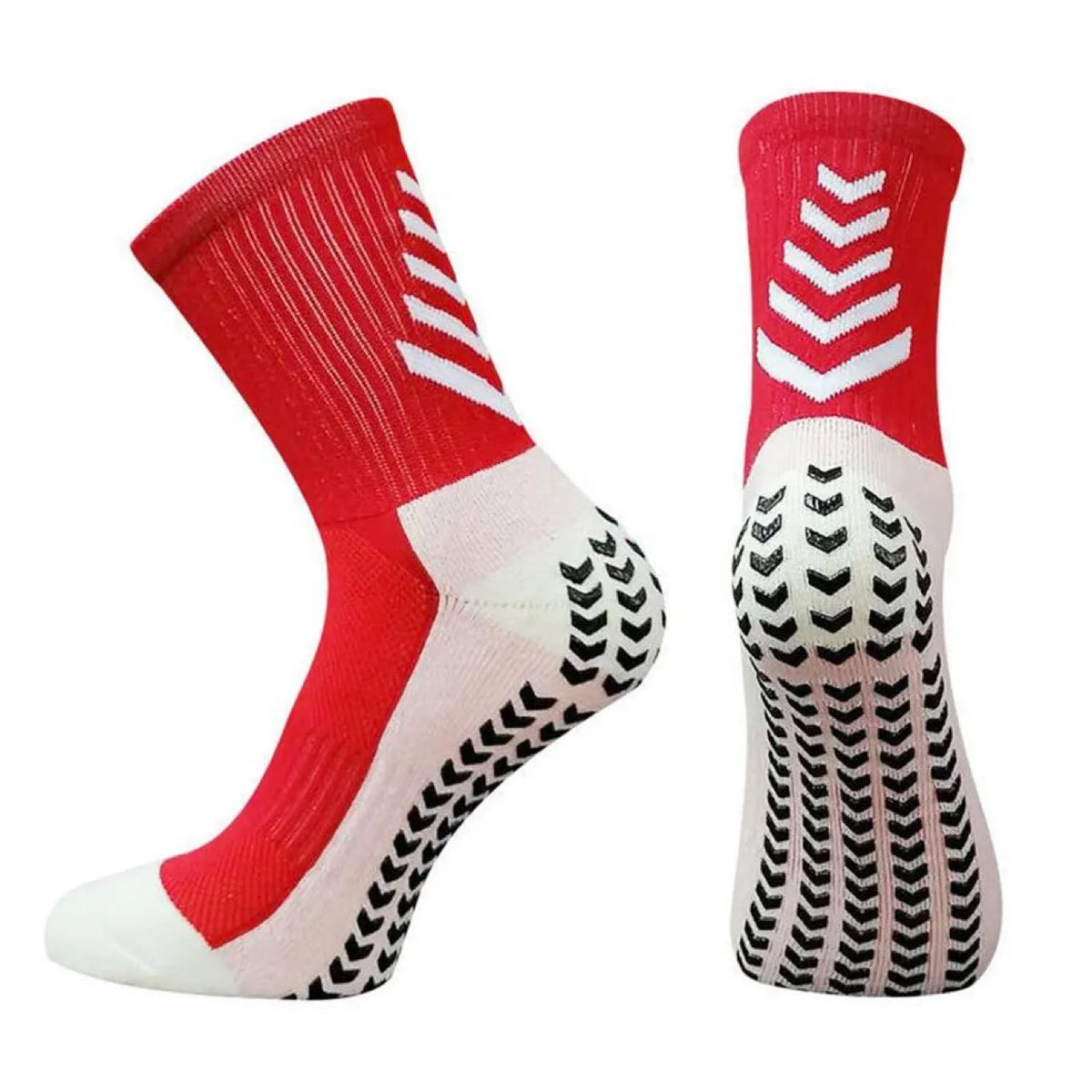 Men's mid-calf athletic socks with non-slip silicone grip, arrow black design, polyester thickened construction for running and football