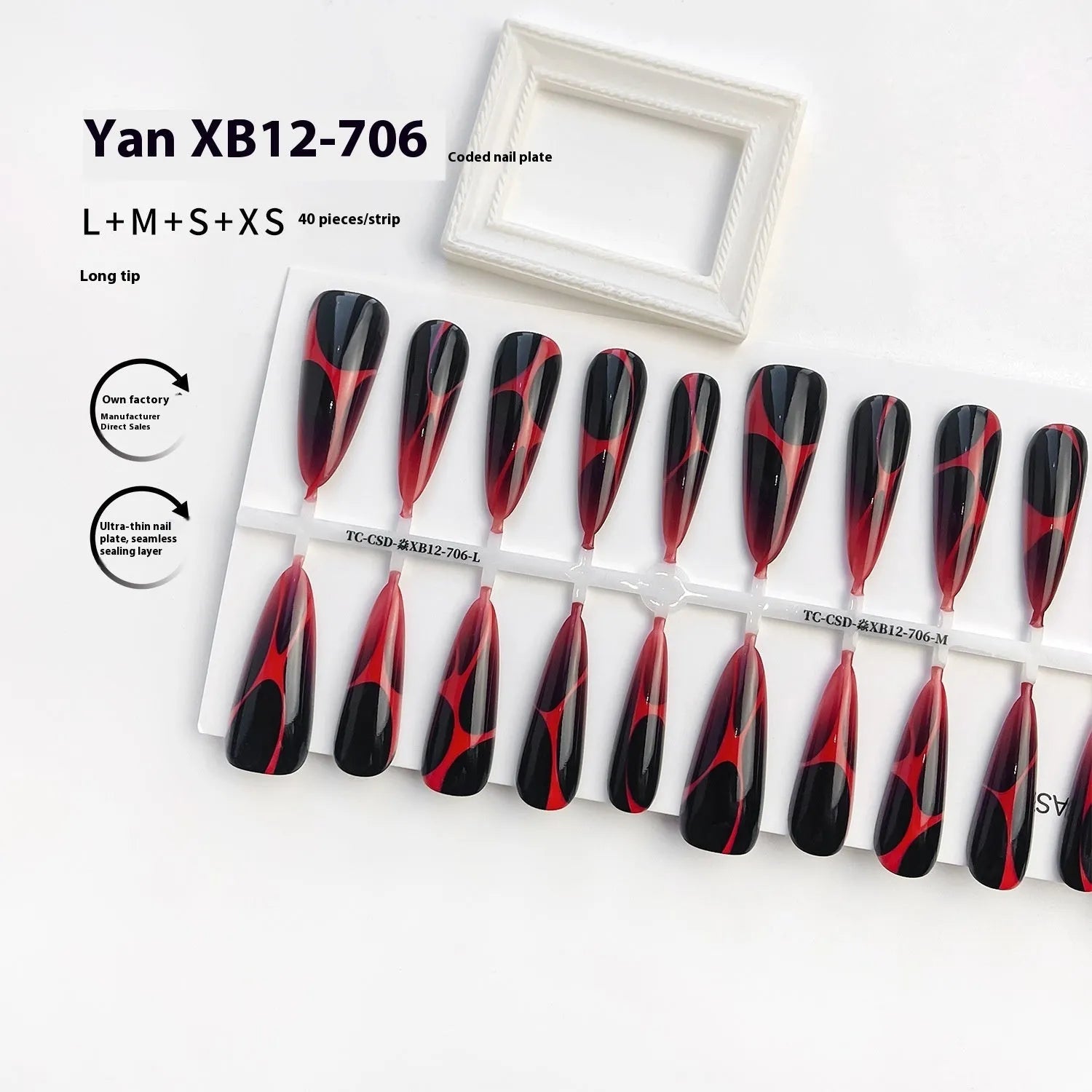 Wave line gradient long tip nail tips set in glossy finish, 40 pieces for 4 pairs of nails