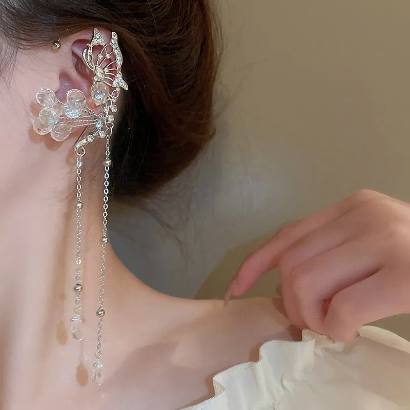 No pierced silver butterfly crystal tassel ear hanging on alloy clip-on for women