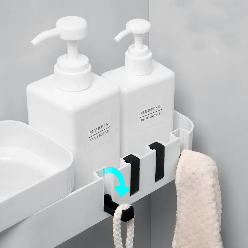 Plastic bathroom corner shelf wall mounted in black and white for shower storage