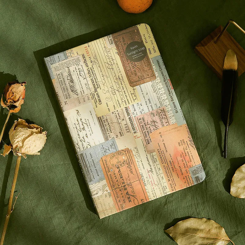 A5 kraft paper mood notebook open on a page, showing its European retro style and colour options of blue, coffee, and red.