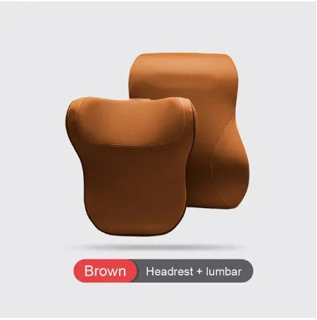 Car headrest set with memory foam cotton pillow and lumbar support in breathable fabric on car seat