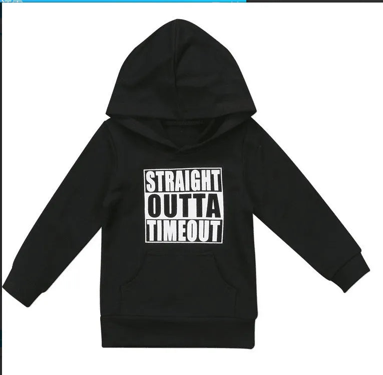 Children's black hooded sweater with white letter print design, showing pullover style and long sleeves