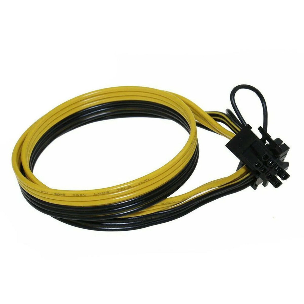 Yellow 70cm 6pin to dual 8pin graphics card power cable with plastic insulation on white background