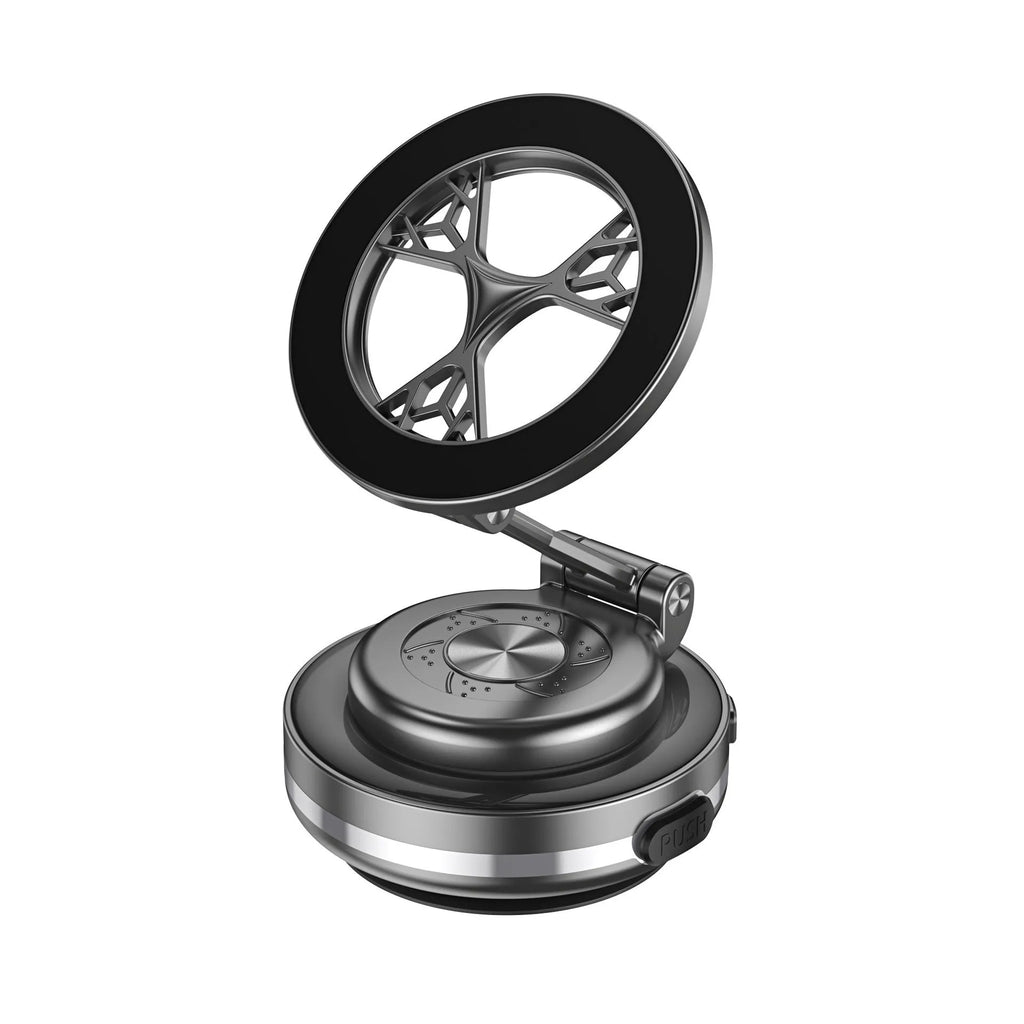 Vacuum adsorption car phone holder in Deep Space Gray with electric magnetic rotating folding stand for smartphones over 4.7 inches