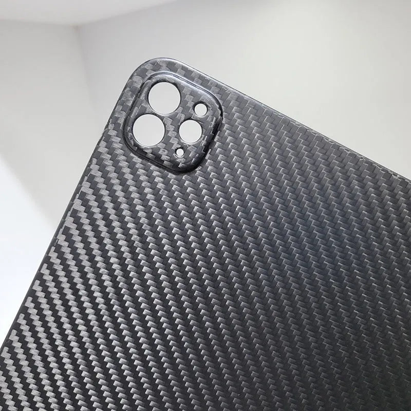 Carbon fibre flat protective cover for iPad Pro 11 inch in a plaid design with embossing.