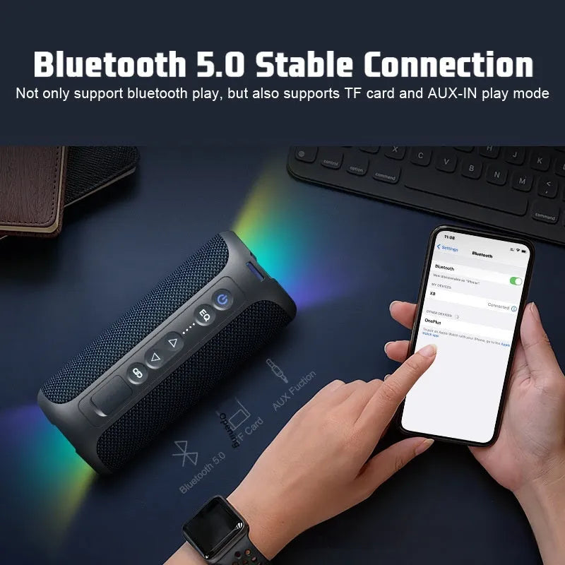 Black and blue fabric wireless Bluetooth speaker with lighting elements and card slot