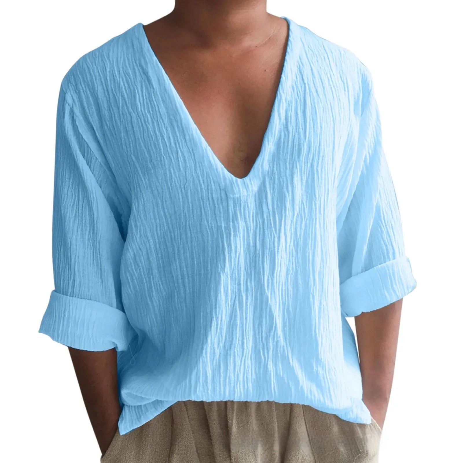 Men's long sleeve V-neck T-shirt in washed cotton and linen blend, shown in a solid colour.