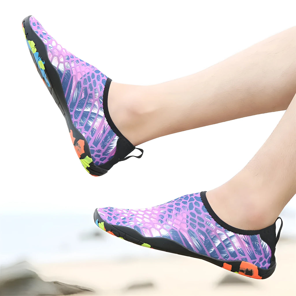 Blue elastic water wading shoes with EVA sole for beach and swimming.