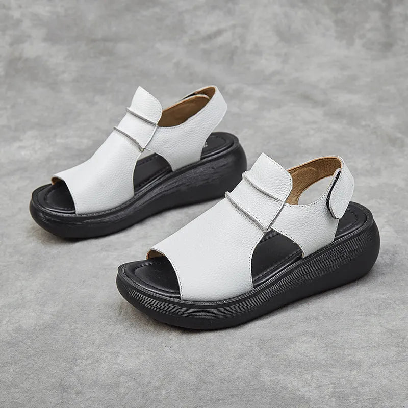 Peep toe women's casual sandals in cowhide leather with raised bottom sole, fish mouth toe, low top, black colour