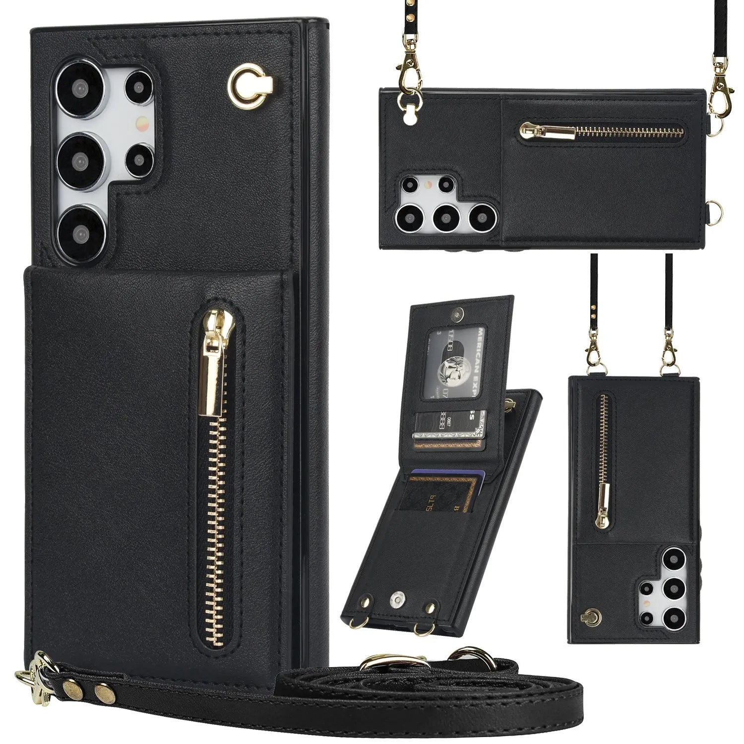 Handmade PU TPU leather Samsung phone case with bracket, card slots and crossbody zipper in multiple colours