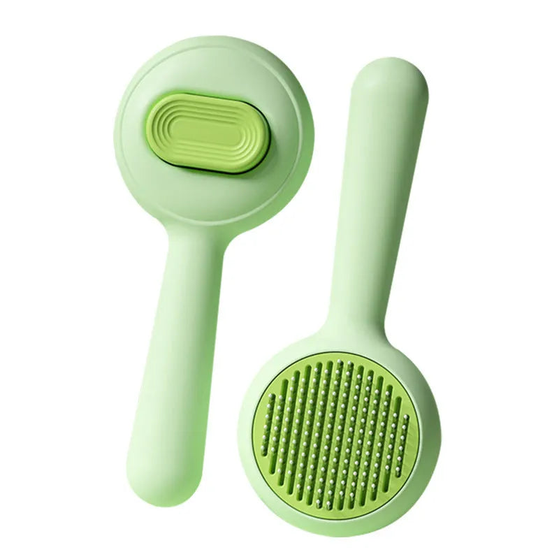 Green and yellow cat grooming brushes with stainless steel bristles and non-slip handles
