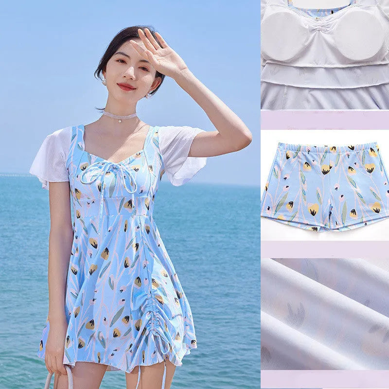 Women's sea salt blue floral print one-piece swimsuit with personalisation option