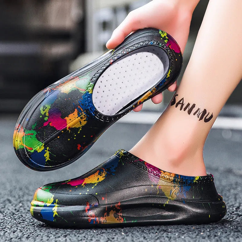 Men's black platform work shoes with toe cap design and EVA construction for waterproof protection