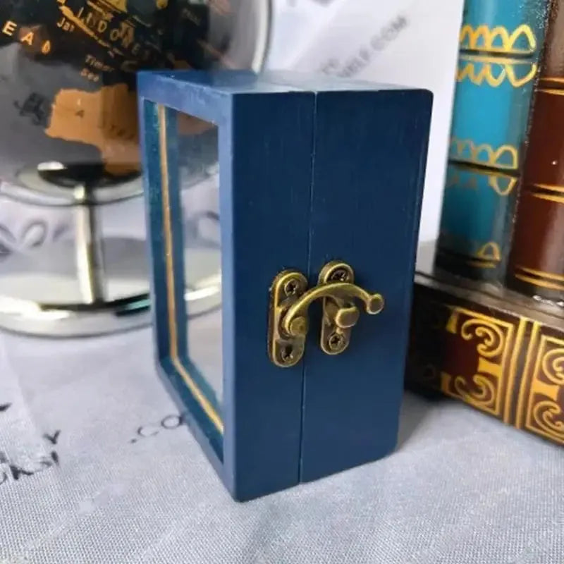 Mini wooden bookshelf with 60 mini books, 10x8x5cm, on a desk as stress relief decor