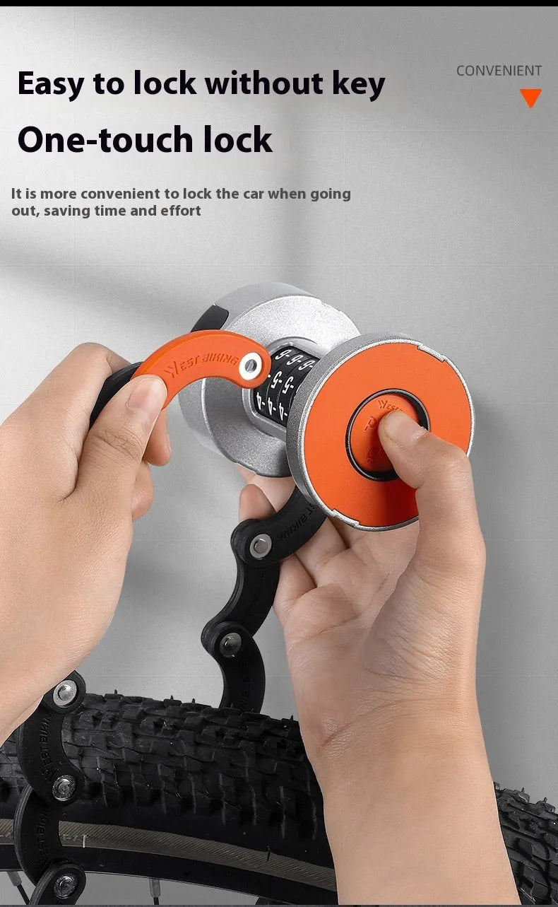 Black bicycle folding lock with password dial mounted on water bottle cage