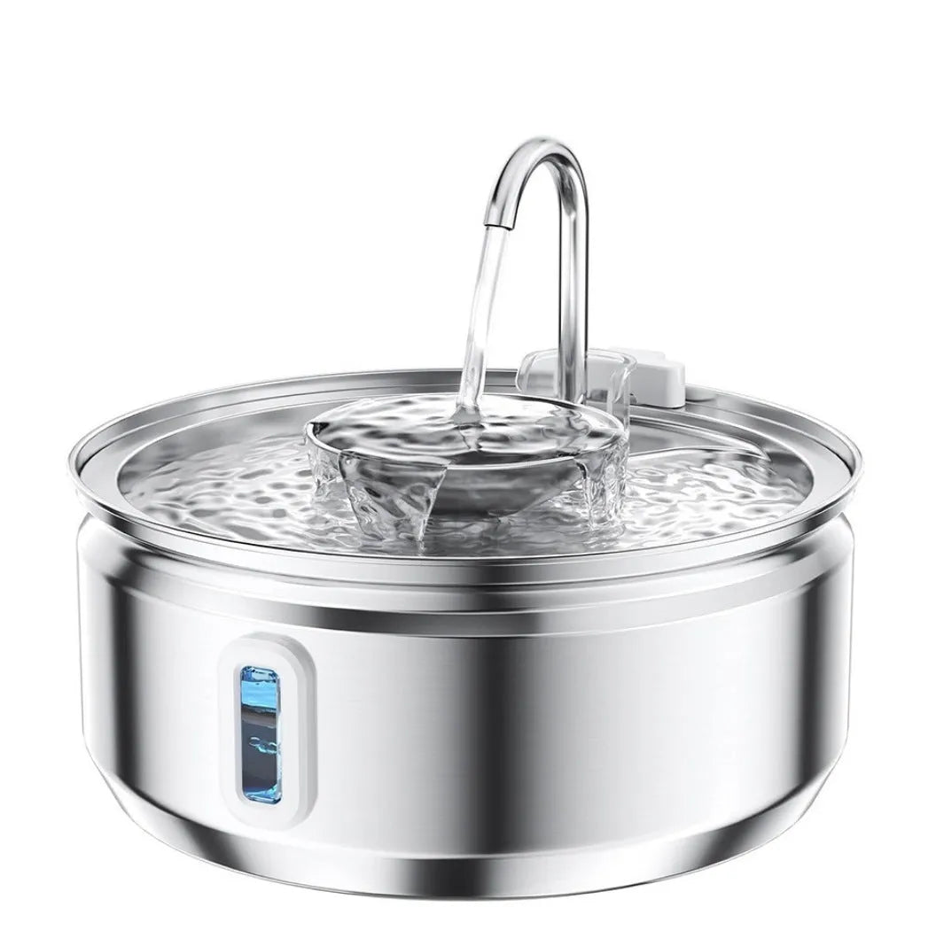 Stainless steel pet water dispenser with large 4-litre tank and selectable water outlet design